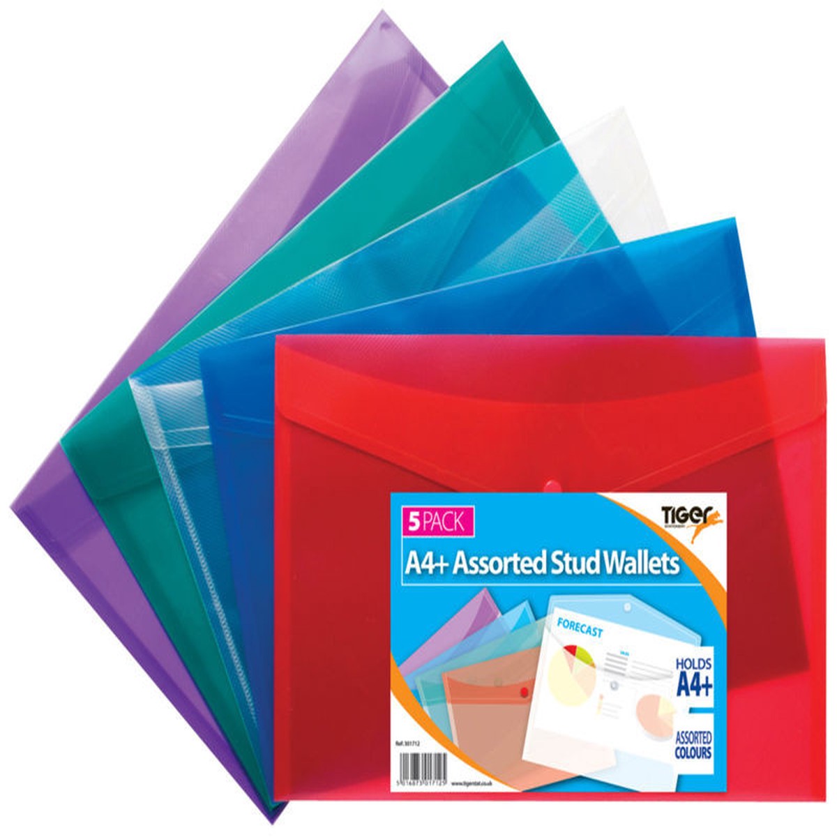 Pack of 5 A4+ Coloured Document Wallets