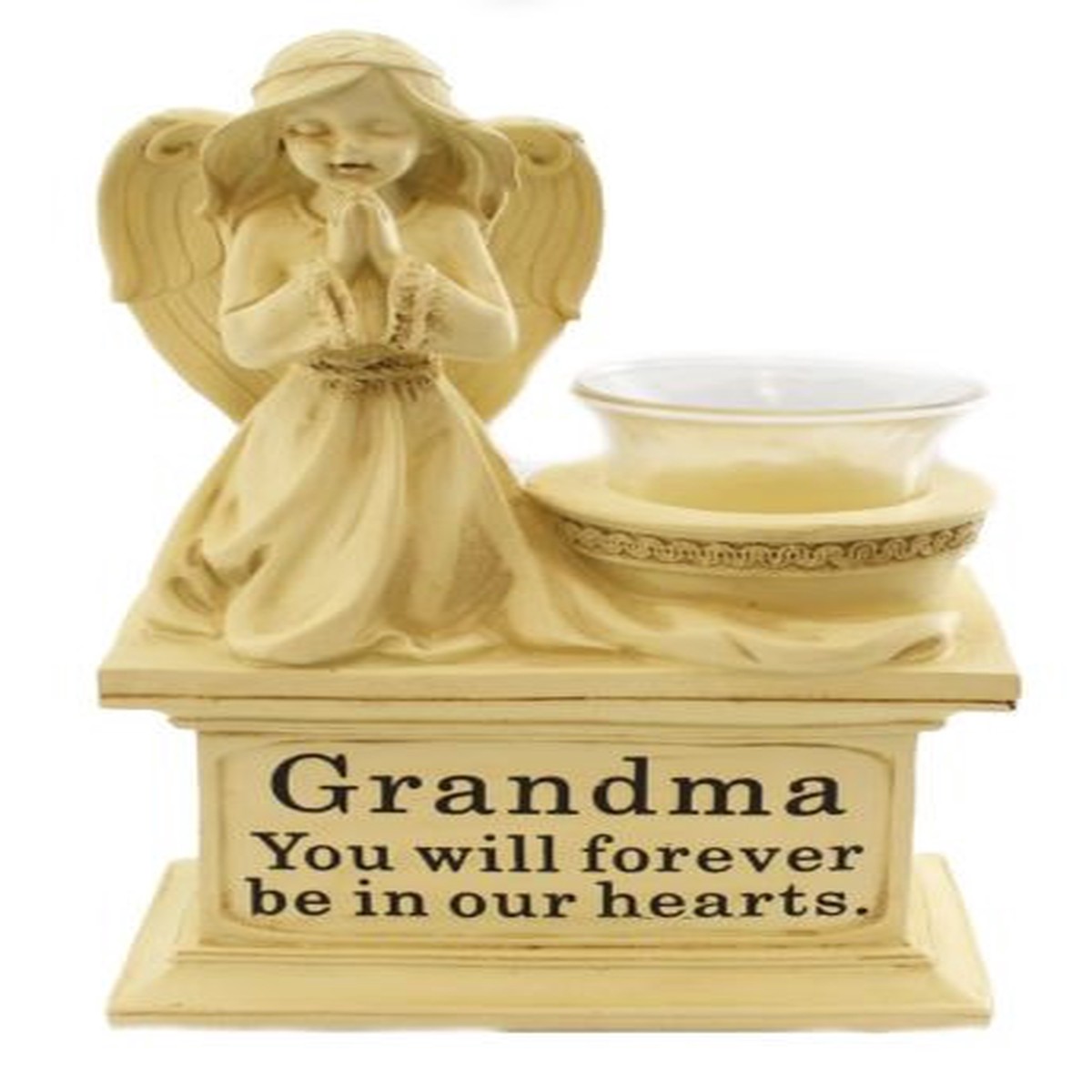 Graveside Memorial Angel Cherub Praying Kneeling with Glass T Lite Holder Cream Stone Finish - Grandma