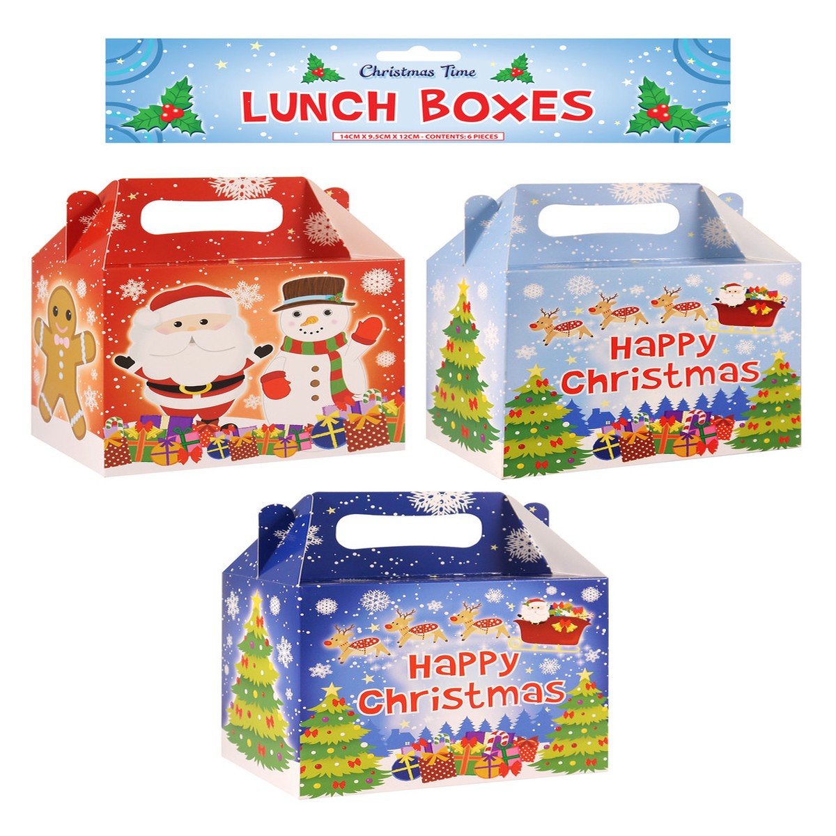 Pack of 6 Christmas Party Lunch Box 3 Assorted design 14l X9.5w X12h Cm