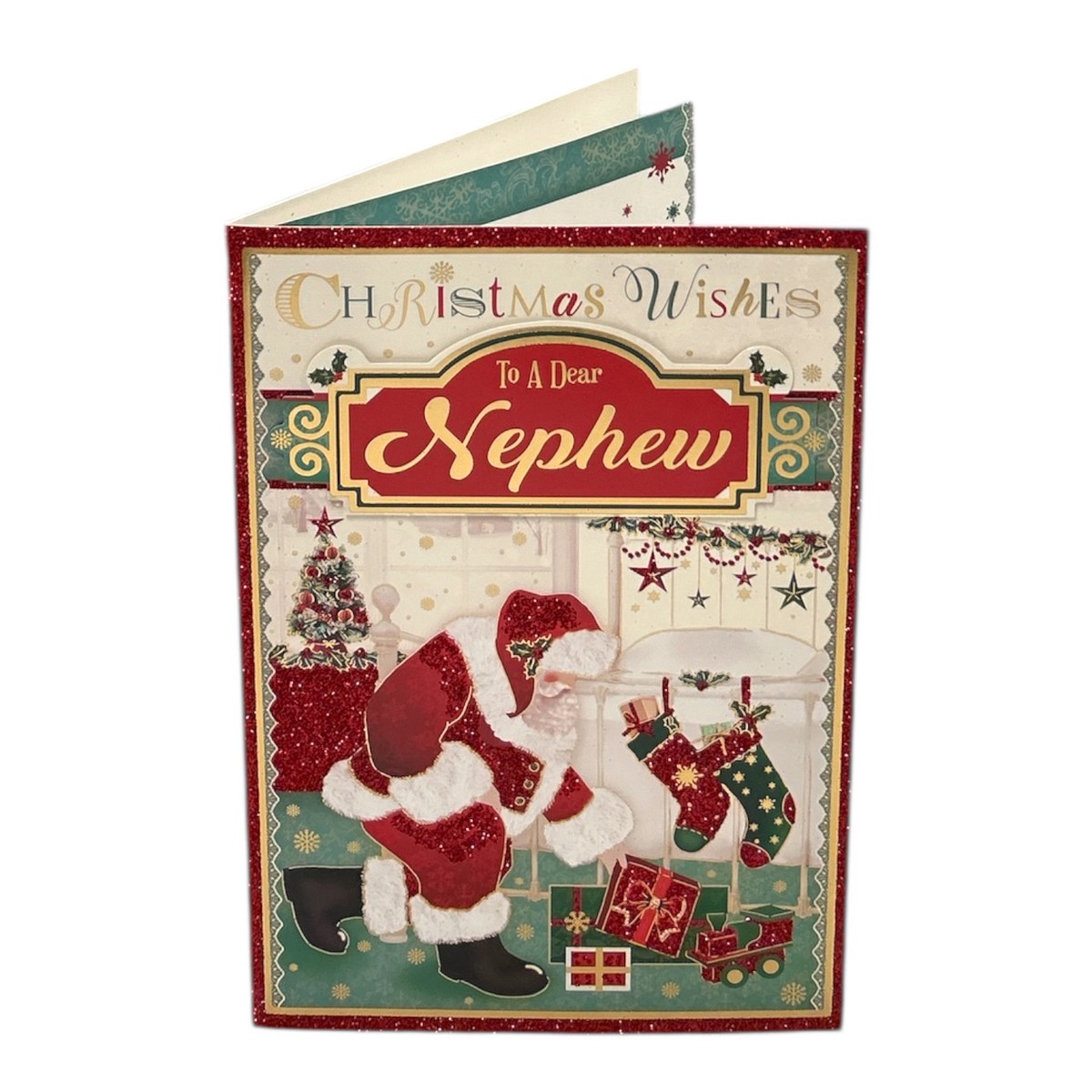 To a Dear Nephew Glitter Finished Santa Design Christmas Card
