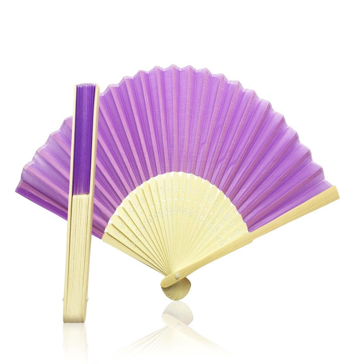 Purple Fabric Hand Held Bamboo and Wooden Fan
