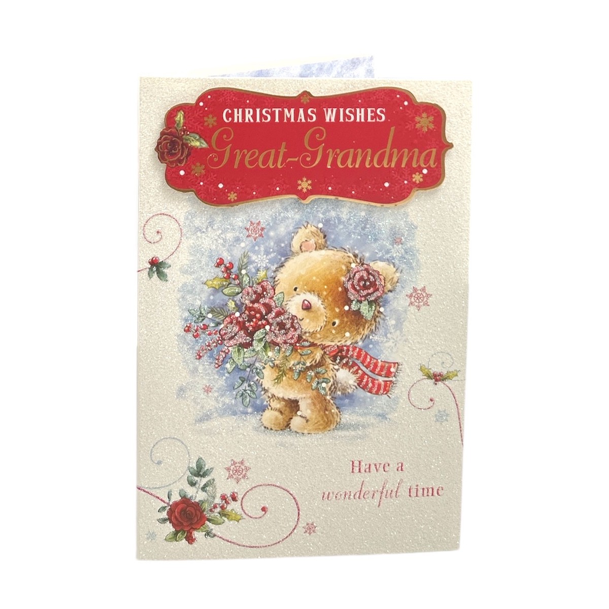Great Grandma Teddy and Festive Flowers Christmas Card