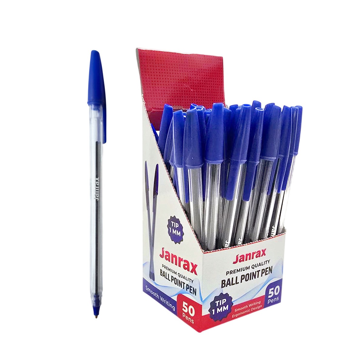 Box of 50 Blue Ballpoint Pens Smooth Glide by Janrax