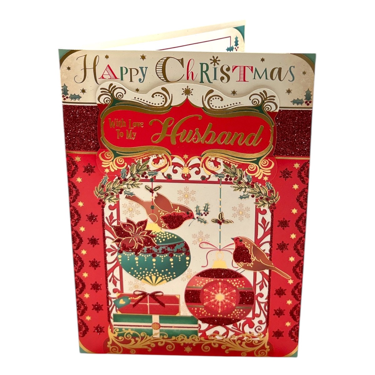 With Love To My Husband Birds On Baubles Design Christmas Card