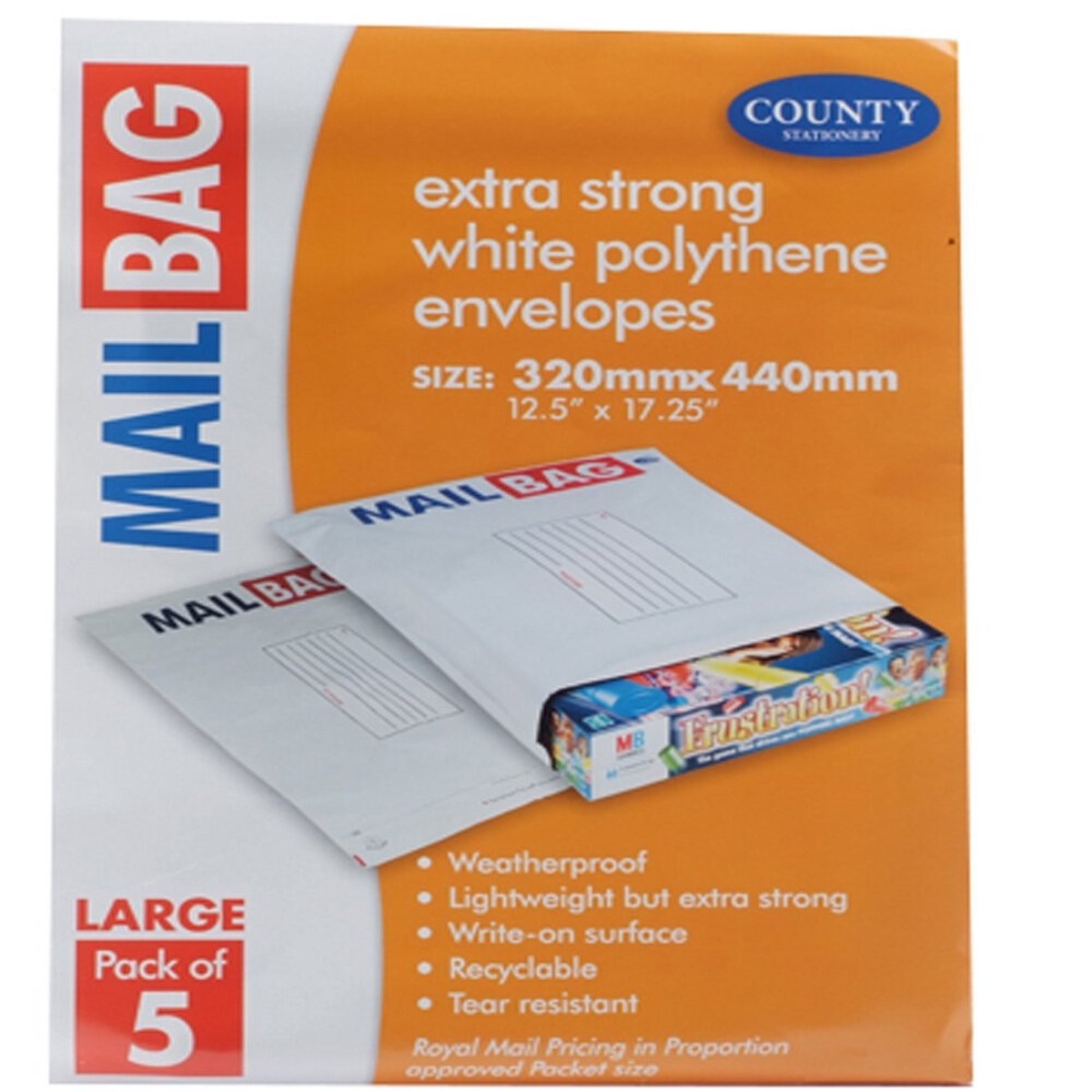 Pack of 5 Large Extra Strong Polythene Mail Bag Envelopes 320 x 440mm