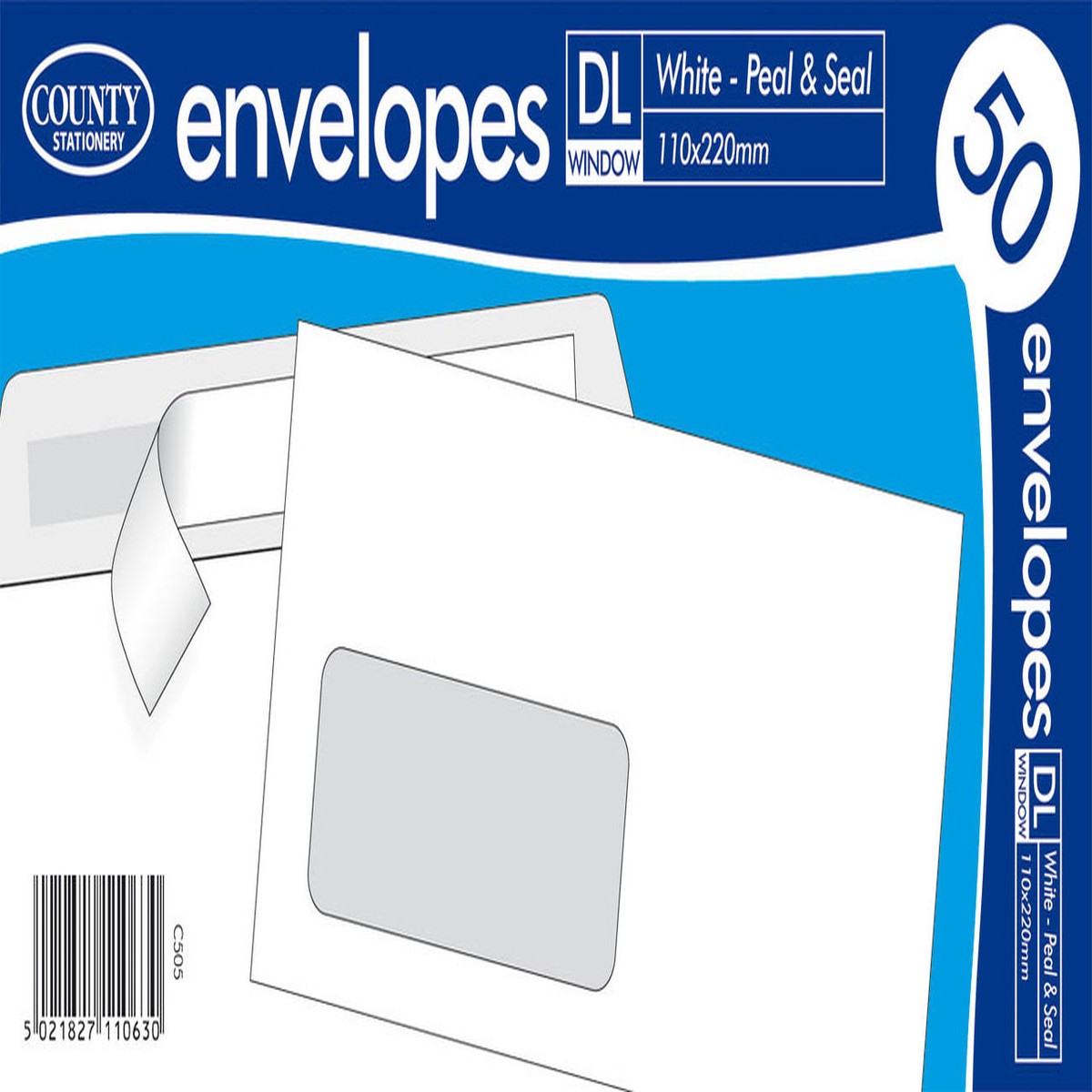 County Peel & Seal 50 Pack DL Window Envelopes White (80gsm)