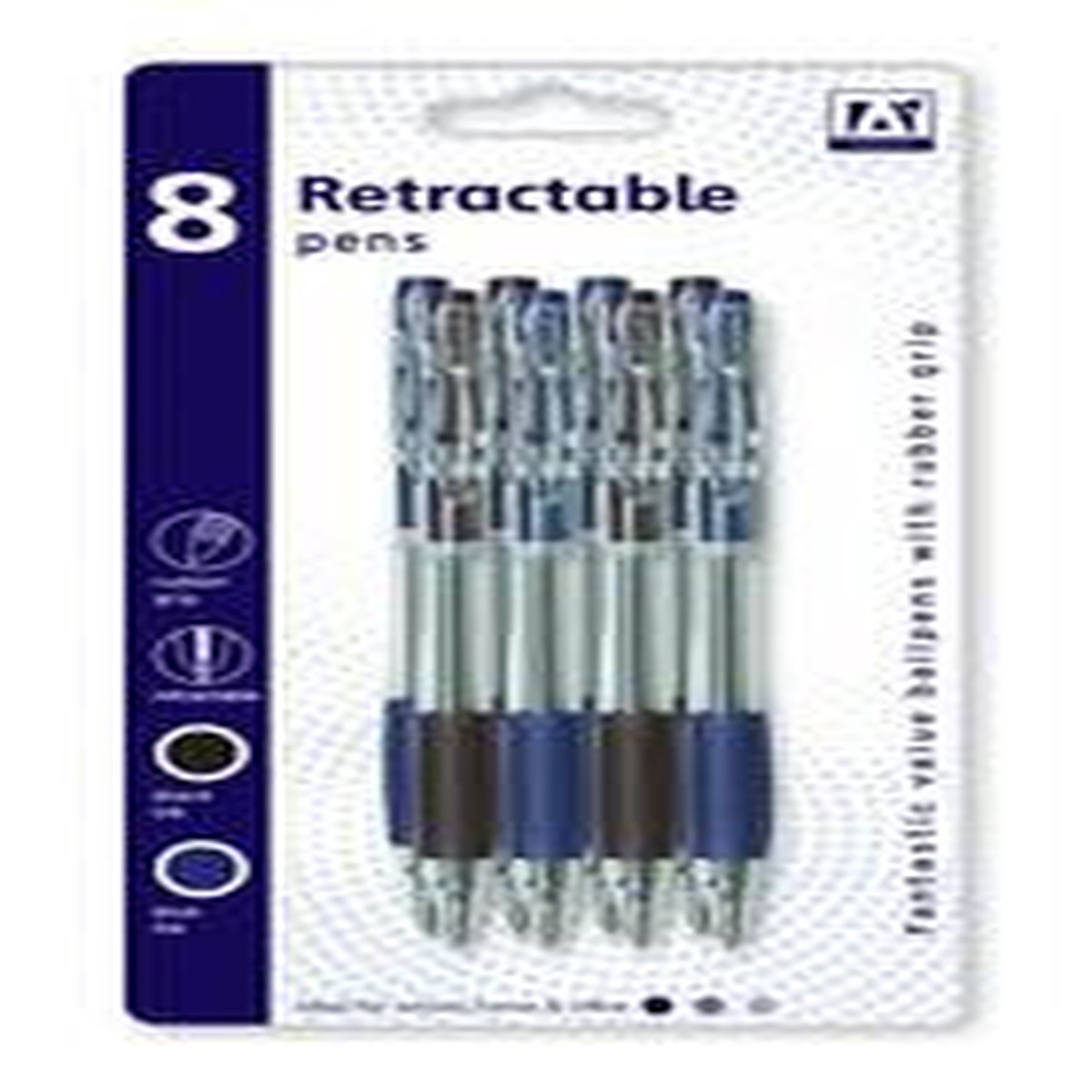 Pack of 8 Retractable Pens with Rubber Grip Black and Blue Ink