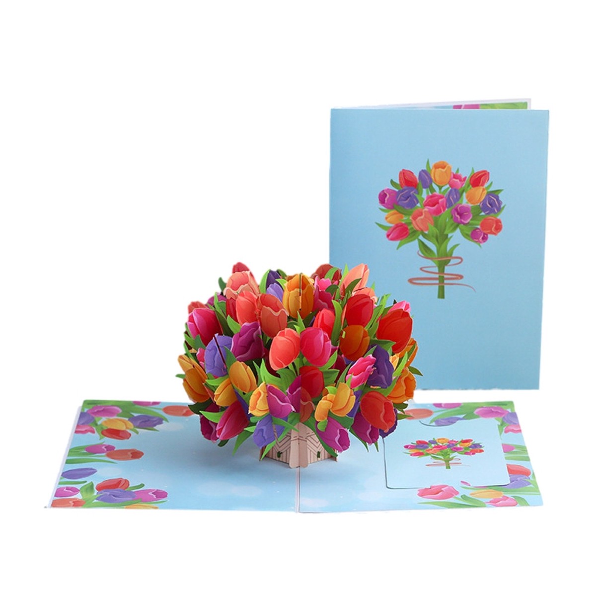 Colorful Tulip Bouquet Blue 3D Pop Up Greeting Card