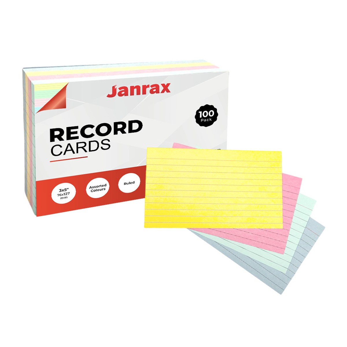 Pack of 100 Assorted Colour Ruled 5x3" Record Cards Lined Study Index Cards for Notes, Revision