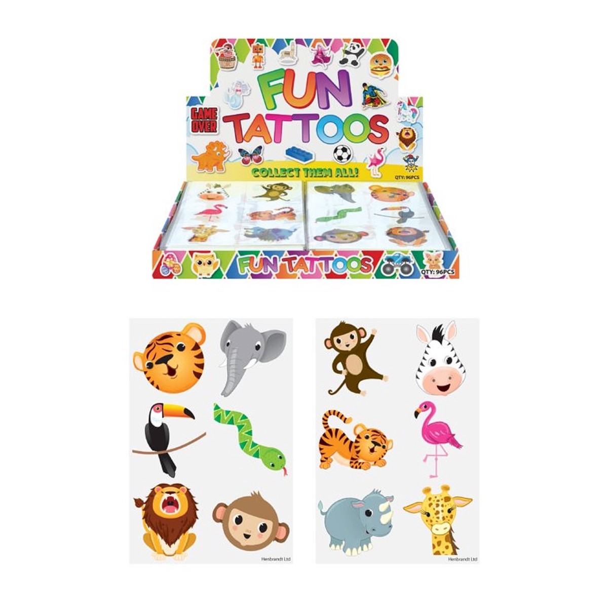 12 Packs of 6 Assorted Design 4cm Mini Jungle Temporary Tattoos