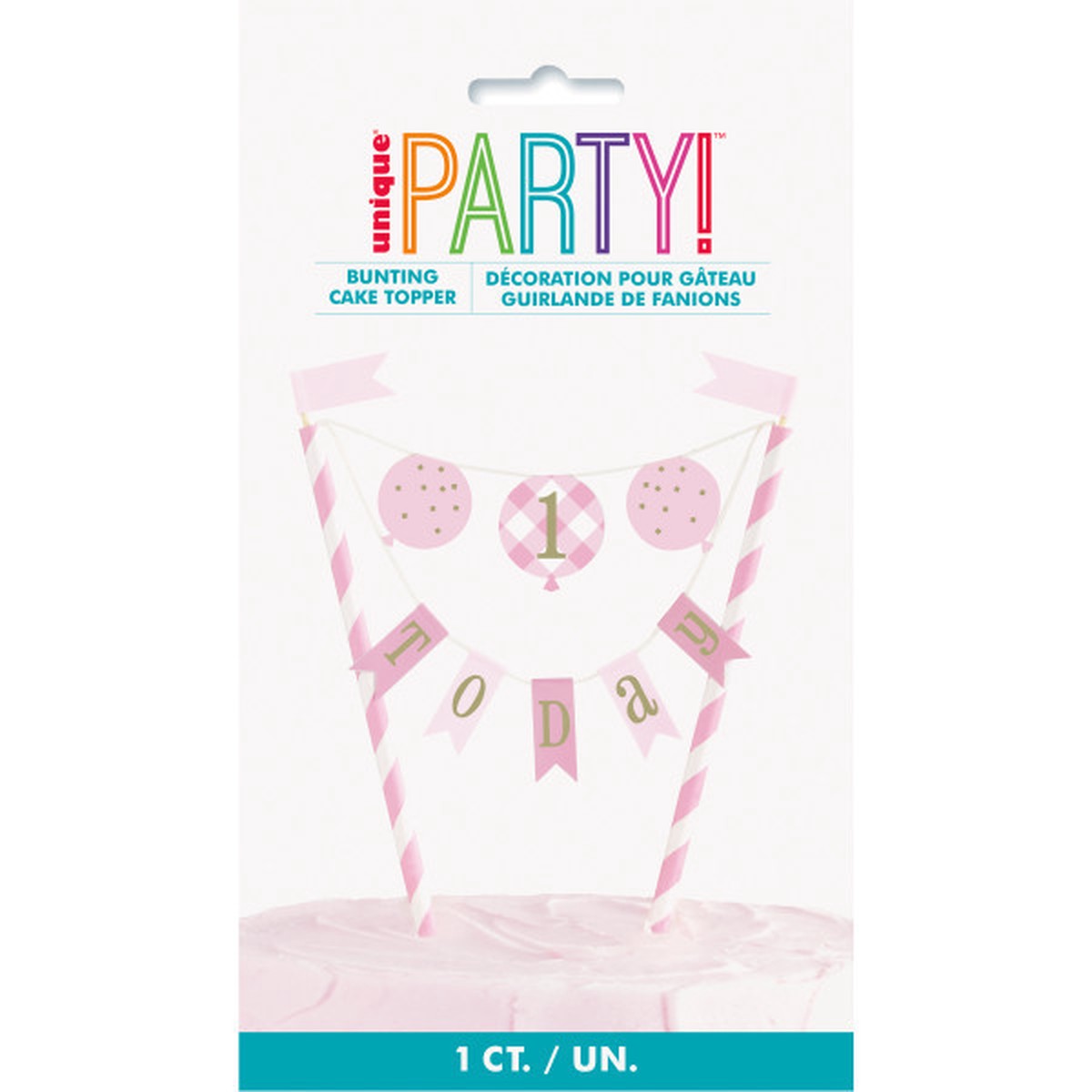 Pink Gingham 1st Birthday Bunting Cake Topper