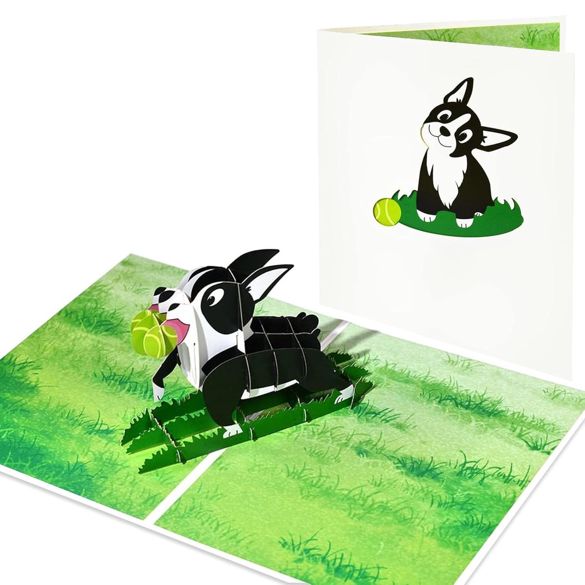 Ball and Grass Scene Boston Terrier Dog 3D Pop Up Greeting Card