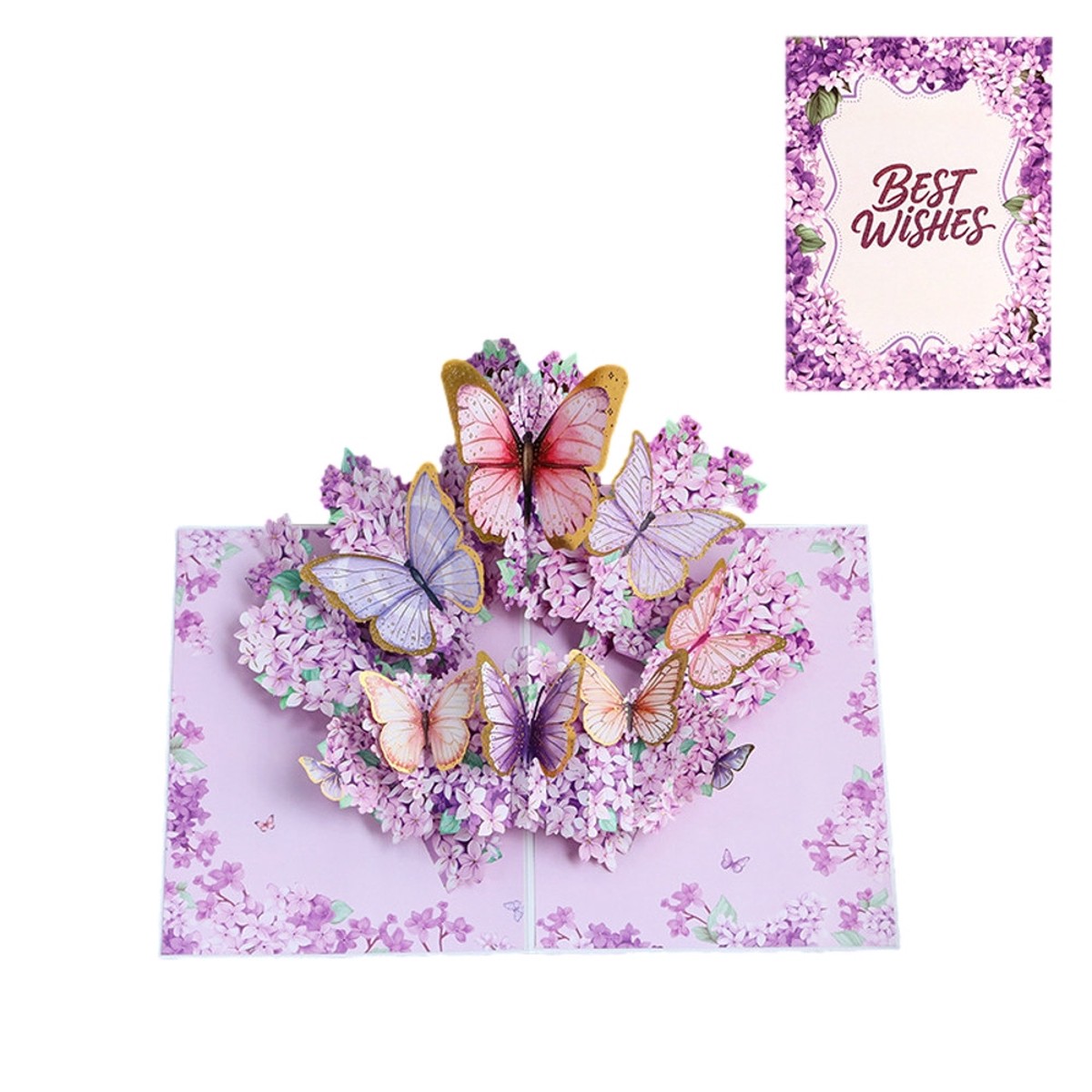 Lilac Flowers Flying & Butterflies Dancing Best Wishes 3D Pop Up Greeting Card