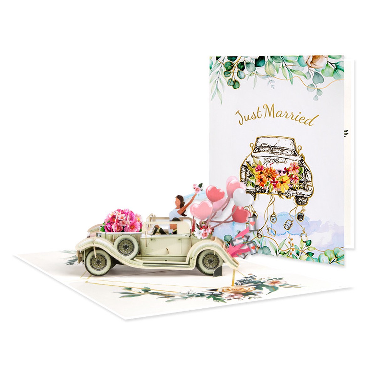 Vintage Car with Bride & Groom Just Married 3D Pop Up Wedding Congratulations Card